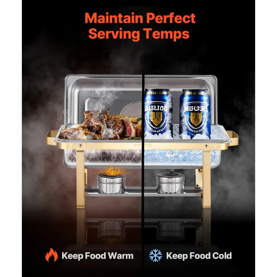VEVOR Chafing Dish Buffet Set, 4 Qt 2 Pack, Stainless Steel Chafer with 4 Half Size Pans, Rectangle Catering Warmer Server with Glass Lid Water Pan Folding Stand Fuel Holder, for Wedding Party Banquet