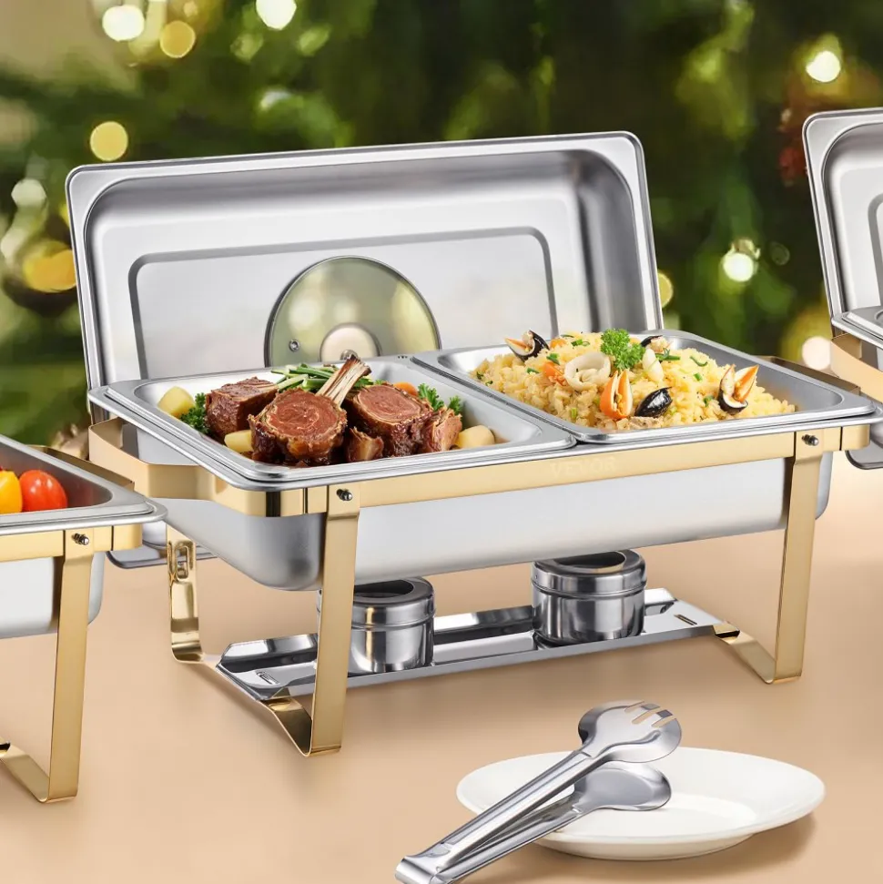 VEVOR Chafing Dish Buffet Set, 4 Qt 2 Pack, Stainless Steel Chafer with 4 Half Size Pans, Rectangle Catering Warmer Server with Glass Lid Water Pan Folding Stand Fuel Holder, for Wedding Party Banquet