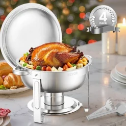 VEVOR Chafing Dish Buffet Set, 5 Qt 4 Pack, Stainless Steel Chafer with 4 Full Size Pans, Round Catering Warmer Server with Lid Water Pan Folding Stand Clip, for Weddings Parties Banquets, Silver