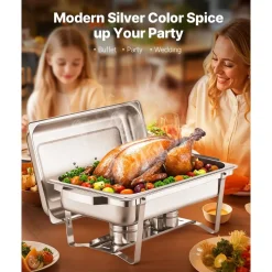 VEVOR Chafing Dish Buffet Set, 8 Qt 2 Pack, Stainless Steel Chafer with 2 Full Size Pans, Rectangle Catering Warmer Server with Lid Water Pan Stand Fuel Holder, for Weddings Parties Banquets, Silver