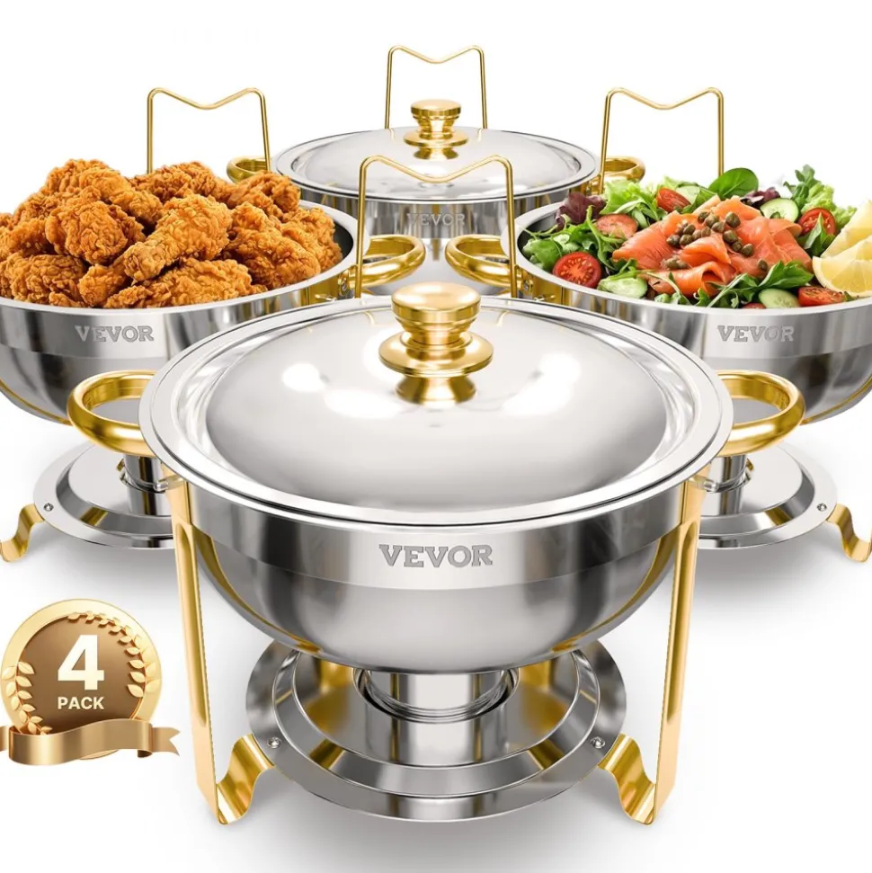 VEVOR Chafing Dish Buffet Set, 5 Qt 4 Pack, Stainless Steel Chafer with 4 Full Size Pans, Round Catering Warmer Server with Lid Water Pan Folding Stand Clip, for Weddings Parties Banquets, Gold