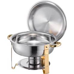 VEVOR Chafing Dish Buffet Set, 5 Qt 4 Pack, Stainless Steel Chafer with 4 Full Size Pans, Round Catering Warmer Server with Lid Water Pan Folding Stand Clip, for Weddings Parties Banquets, Gold