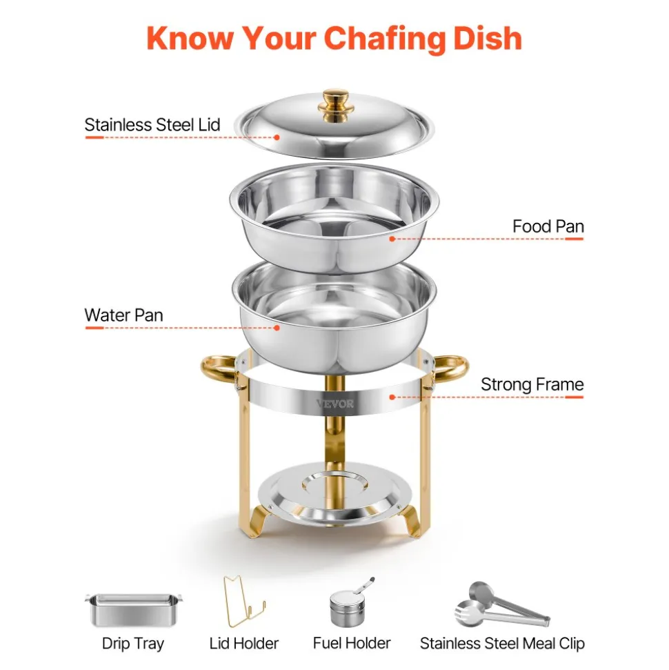 VEVOR Chafing Dish Buffet Set, 5 Qt 4 Pack, Stainless Steel Chafer with 4 Full Size Pans, Round Catering Warmer Server with Lid Water Pan Folding Stand Clip, for Weddings Parties Banquets, Gold
