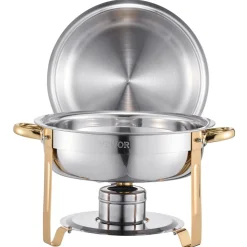 VEVOR Chafing Dish Buffet Set, 5 Qt 4 Pack, Stainless Steel Chafer with 4 Full Size Pans, Round Catering Warmer Server with Lid Water Pan Folding Stand Clip, for Weddings Parties Banquets, Gold