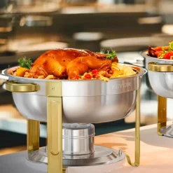 VEVOR Chafing Dish Buffet Set, 5 Qt 4 Pack, Stainless Steel Chafer with 4 Full Size Pans, Round Catering Warmer Server with Lid Water Pan Folding Stand Clip, for Weddings Parties Banquets, Gold