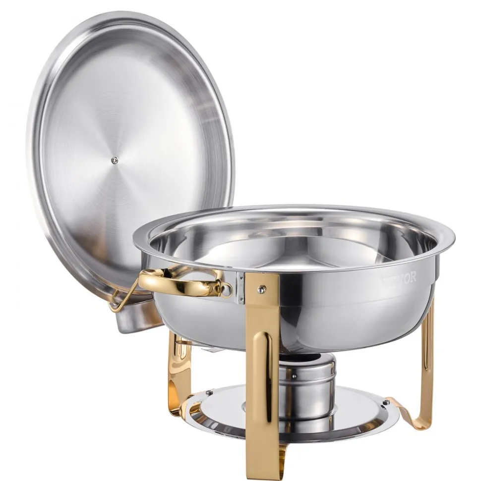 VEVOR Chafing Dish Buffet Set, 5 Qt 4 Pack, Stainless Steel Chafer with 4 Full Size Pans, Round Catering Warmer Server with Lid Water Pan Folding Stand Clip, for Weddings Parties Banquets, Gold