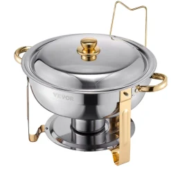 VEVOR Chafing Dish Buffet Set, 5 Qt 4 Pack, Stainless Steel Chafer with 4 Full Size Pans, Round Catering Warmer Server with Lid Water Pan Folding Stand Clip, for Weddings Parties Banquets, Gold