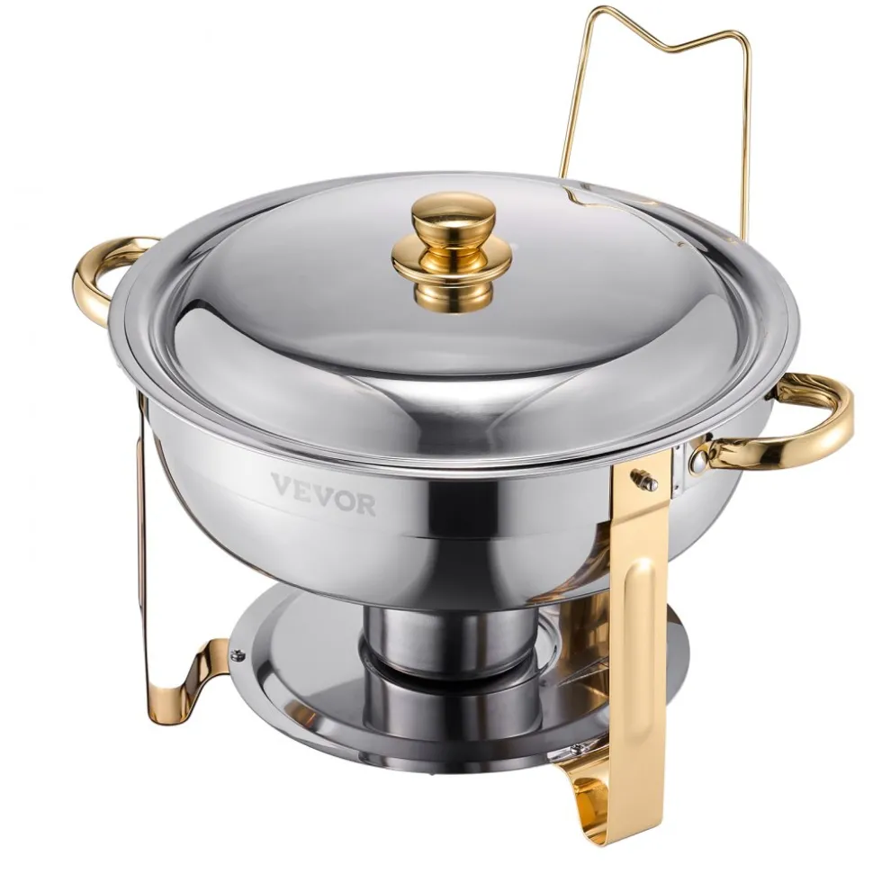 VEVOR Chafing Dish Buffet Set, 5 Qt 4 Pack, Stainless Steel Chafer with 4 Full Size Pans, Round Catering Warmer Server with Lid Water Pan Folding Stand Clip, for Weddings Parties Banquets, Gold