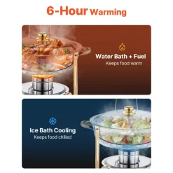 VEVOR Chafing Dish Buffet Set, 5 Qt 4 Pack, Stainless Steel Chafer with 4 Full Size Pans, Round Catering Warmer Server with Lid Water Pan Folding Stand Clip, for Weddings Parties Banquets, Gold