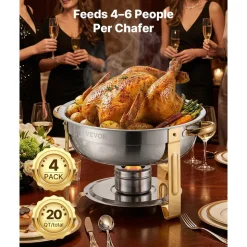 VEVOR Chafing Dish Buffet Set, 5 Qt 4 Pack, Stainless Steel Chafer with 4 Full Size Pans, Round Catering Warmer Server with Lid Water Pan Folding Stand Clip, for Weddings Parties Banquets, Gold