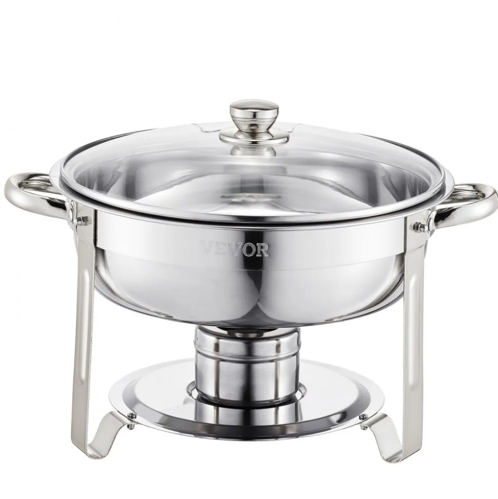 VEVOR Chafing Dish Buffet Set, 5 Qt 2 Pack, Stainless Steel Chafer with 2 Full Size Pan, Round Catering Warmer Server with Glass Lid Water Pan Folding Stand Fuel Holder, for Wedding Party Banquet, Silver