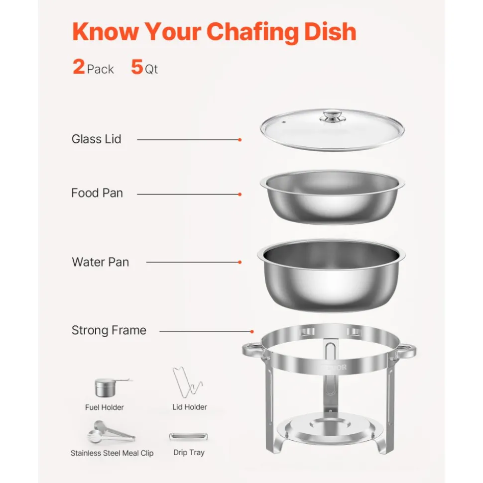 VEVOR Chafing Dish Buffet Set, 5 Qt 2 Pack, Stainless Steel Chafer with 2 Full Size Pan, Round Catering Warmer Server with Glass Lid Water Pan Folding Stand Fuel Holder, for Wedding Party Banquet, Silver