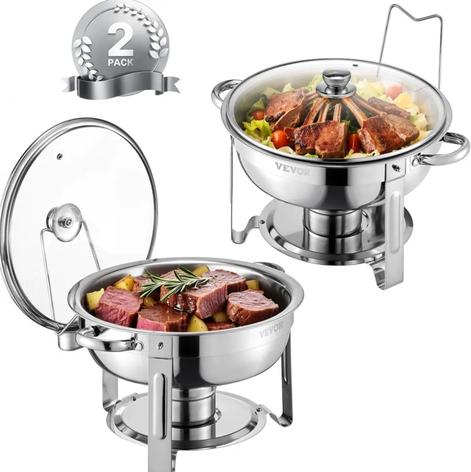 VEVOR Chafing Dish Buffet Set, 5 Qt 2 Pack, Stainless Steel Chafer with 2 Full Size Pan, Round Catering Warmer Server with Glass Lid Water Pan Folding Stand Fuel Holder, for Wedding Party Banquet, Silver