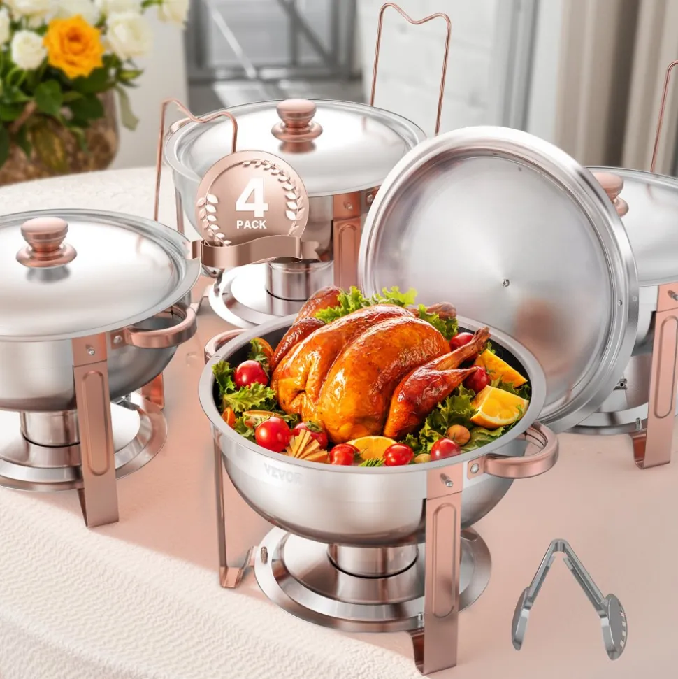 VEVOR Chafing Dish Buffet Set, 5 Qt 4 Pack, Stainless Steel Chafer with 4 Full Size Pans, Round Catering Warmer Server with Lid Water Pan Folding Stand Clip, for Weddings Parties Banquets, Rose Gold