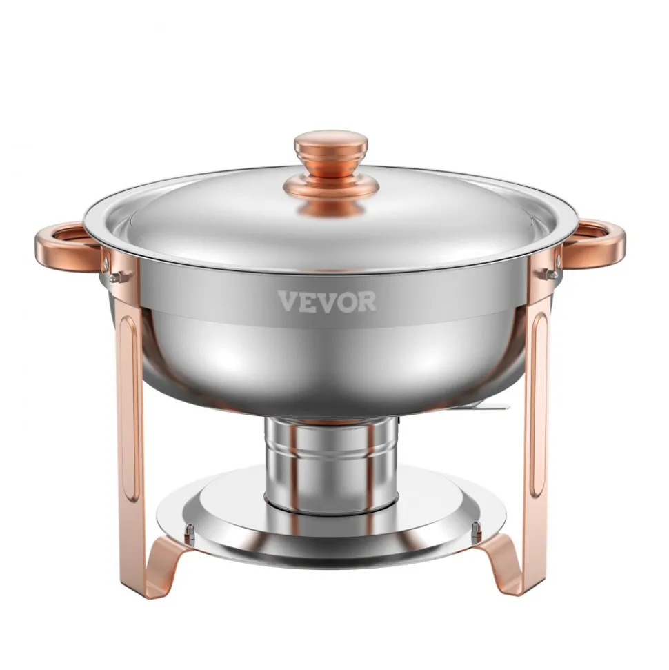 VEVOR Chafing Dish Buffet Set, 5 Qt 4 Pack, Stainless Steel Chafer with 4 Full Size Pans, Round Catering Warmer Server with Lid Water Pan Folding Stand Clip, for Weddings Parties Banquets, Rose Gold