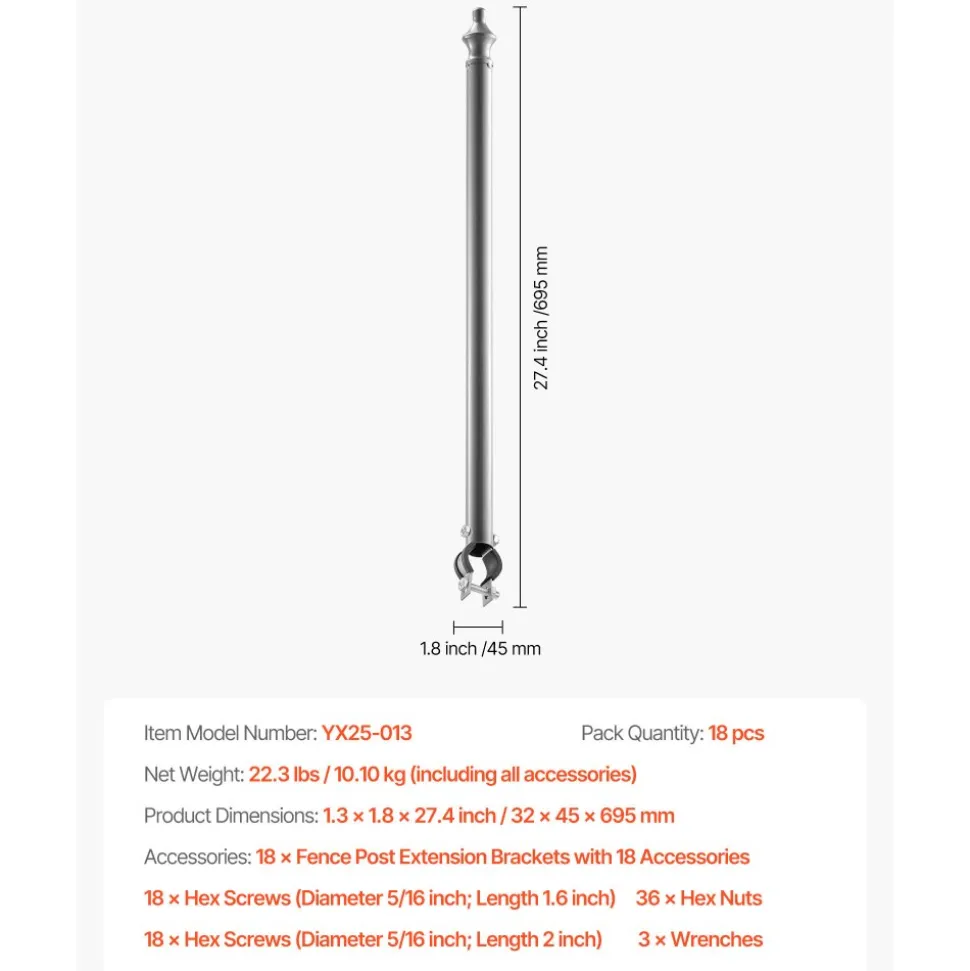 VEVOR Chain Link Fence Extensions, 18 Packs 27.4" Extension Height, Galvanized Post Extender for 1.3" to 1.5" Top of Fence, U Bracket, Barbed Wire Extend Arm for Privacy, Prevent Dogs Jumping Out