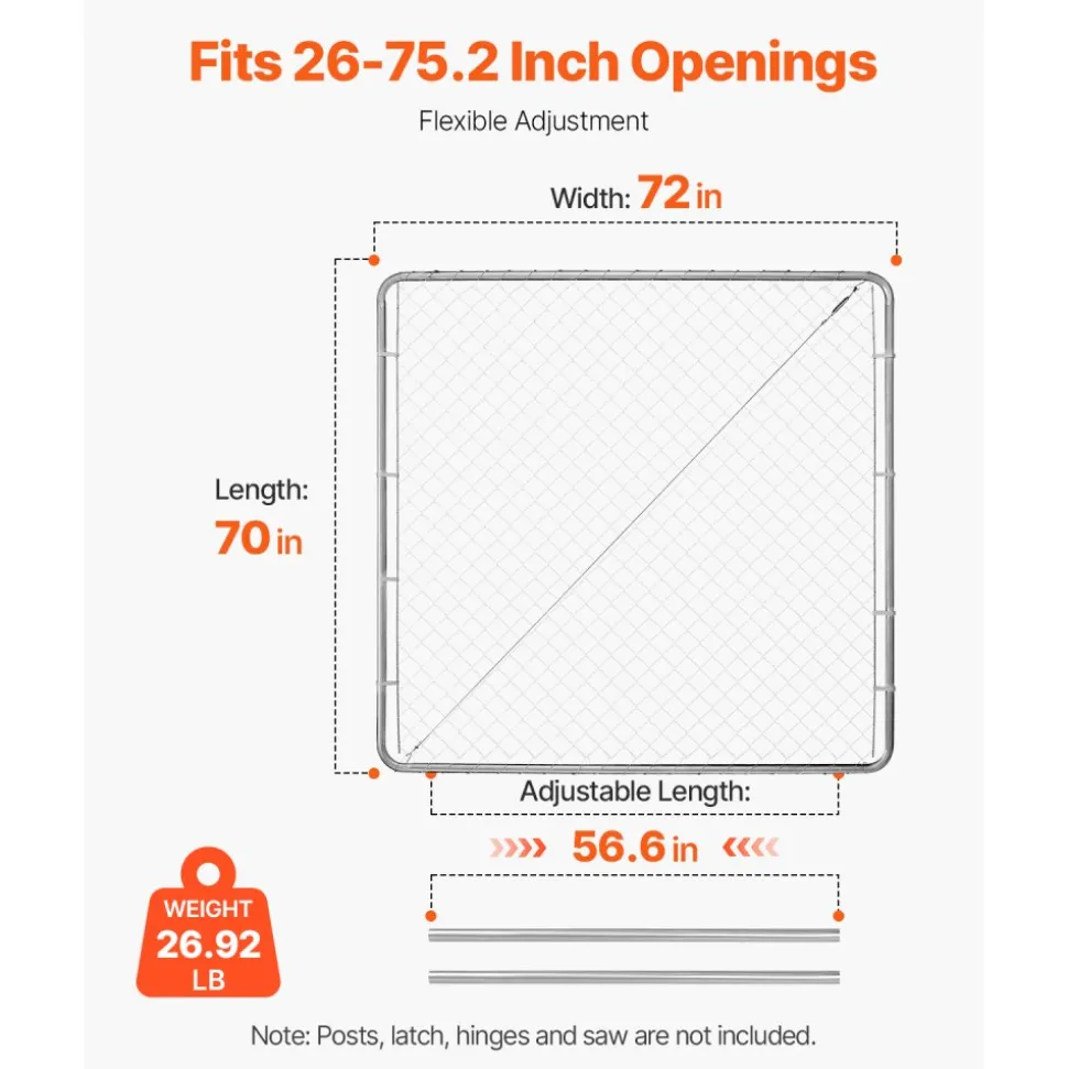 VEVOR Chain Link Fence Gate, 72 x 46 in, Adjustable Chain Link Fence Panel, Fit 2.2-6 ft (W) x 6 ft (H) Garden Fence Gate Opening, Fencing Gate with Plastic Coating, for Farm Black, Posts Not Included