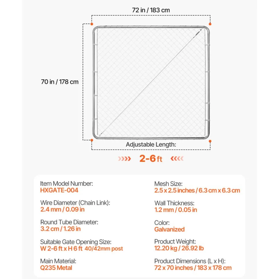 VEVOR Chain Link Fence Gate, 72 x 46 in, Adjustable Chain Link Fence Panel, Fit 2.2-6 ft (W) x 6 ft (H) Garden Fence Gate Opening, Fencing Gate with Plastic Coating, for Farm Black, Posts Not Included