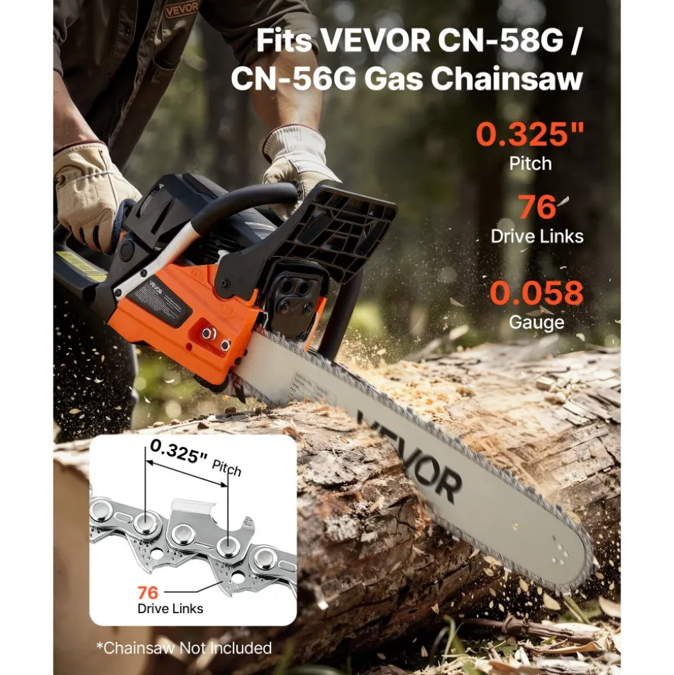 VEVOR Chainsaw Chain 3 Pack 20 Inch 0.325" Pitch 0.058" Gauge 76 Drive Link, Fits VEVOR CN-58G / CN-62G Gas Chainsaw, Forged Alloy Steel, Replacement Saw Chains with Sharp Cutter Teeth & Tie Straps
