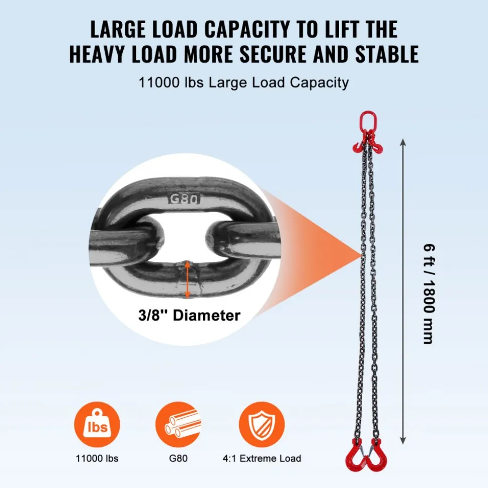 VEVOR Chain Sling, 3/8 inch x 6 ft Lifting Chains with Hooks, G80 Engine Chain Hoist Lifts, 11000 lbs/5 Ton Lifting Sling Chains for Engine Hoist, Engine Lift Chain with 2 Leg Grab Hooks and Adjusters