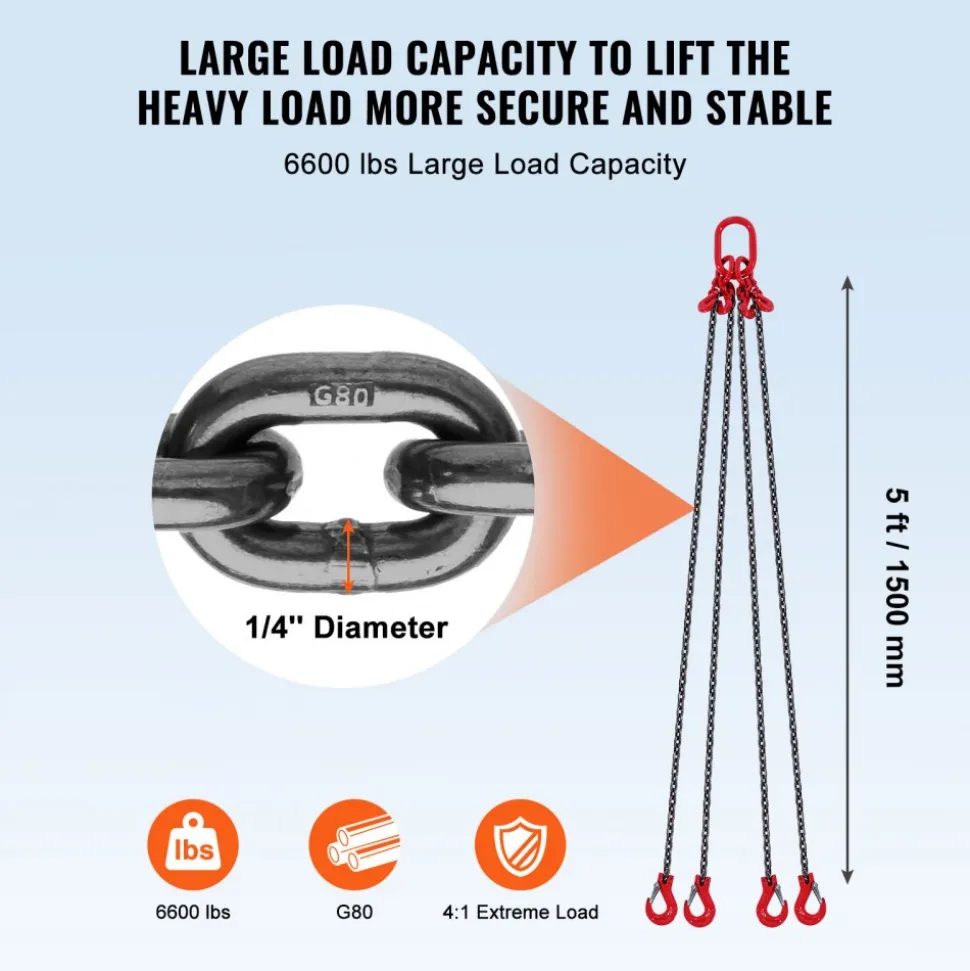 VEVOR Chain Sling, 1/4 inch x 5 ft Lifting Chains with Hooks, G80 Engine Chain Hoist Lifts, 6600 lbs/3 Ton Lifting Sling Chains for Engine Hoist, Engine Lift Chain with 4 Leg Grab Hooks and Adjusters