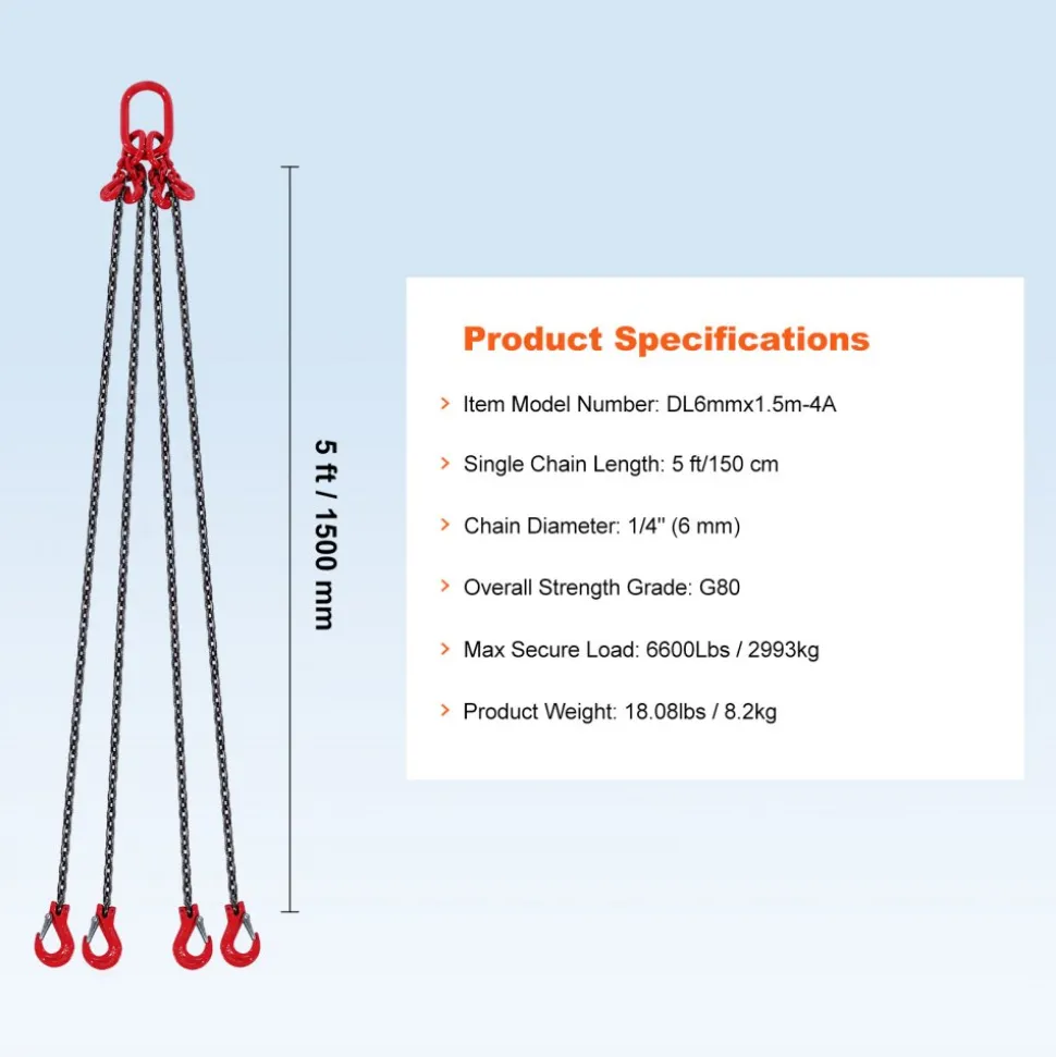 VEVOR Chain Sling, 1/4 inch x 5 ft Lifting Chains with Hooks, G80 Engine Chain Hoist Lifts, 6600 lbs/3 Ton Lifting Sling Chains for Engine Hoist, Engine Lift Chain with 4 Leg Grab Hooks and Adjusters