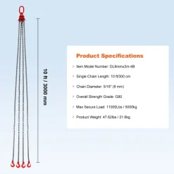 VEVOR Chain Sling, 5/16 inch x 10 ft Lifting Chains with Hooks, G80 Engine Chain Hoist Lifts, 11000 lbs/5 Ton Lifting Sling Chains for Engine Hoist, Engine Lift Chain with 4 Leg Grab Hooks & Adjusters
