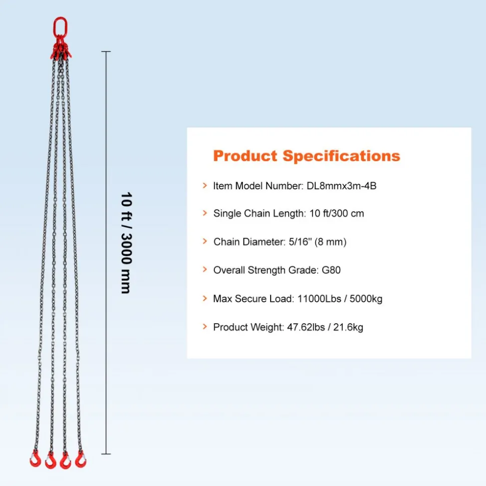 VEVOR Chain Sling, 5/16 inch x 10 ft Lifting Chains with Hooks, G80 Engine Chain Hoist Lifts, 11000 lbs/5 Ton Lifting Sling Chains for Engine Hoist, Engine Lift Chain with 4 Leg Grab Hooks & Adjusters