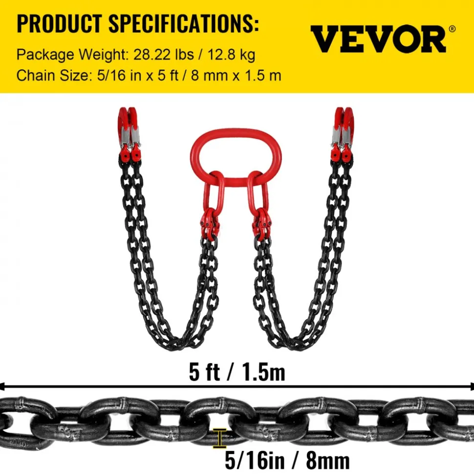 VEVOR Chain Sling, 5/16 inch x 5 ft Lifting Chains with Hooks, G80 Engine Chain Hoist Lifts, 11000 lbs/5 Ton Capacity Lifting Sling Chains for Engine Hoist, Engine Lift Chain with 4 Leg Grab Hooks