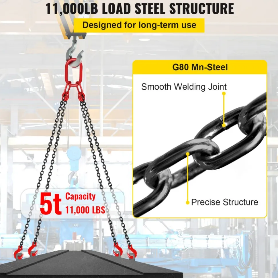 VEVOR Chain Sling, 5/16 inch x 5 ft Lifting Chains with Hooks, G80 Engine Chain Hoist Lifts, 11000 lbs/5 Ton Capacity Lifting Sling Chains for Engine Hoist, Engine Lift Chain with 4 Leg Grab Hooks