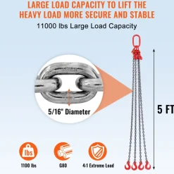 VEVOR Chain Sling, 5/16 inch x 5 ft Lifting Chains with Hooks, G80 Engine Chain Hoist Lifts, 11000 lbs/5 Ton Lifting Sling Chains for Engine Hoist, Engine Lift Chain with 4 Leg Grab Hooks & Adjusters