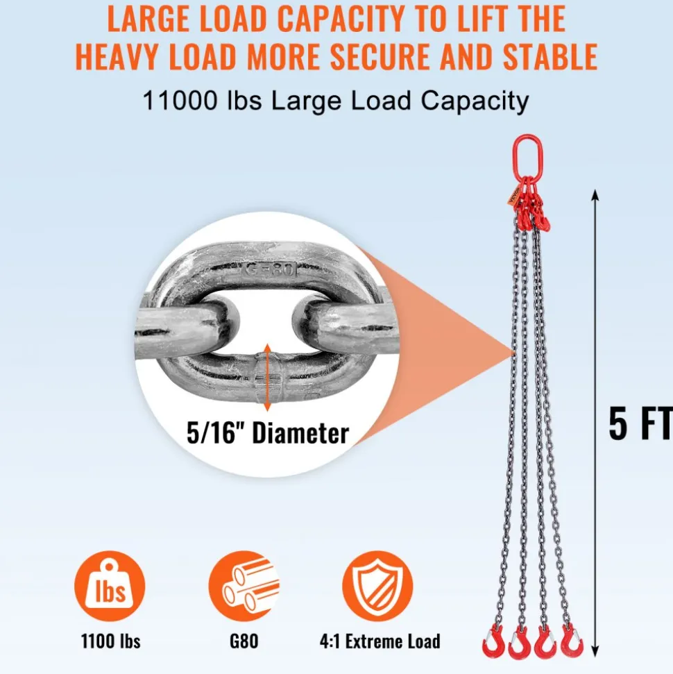 VEVOR Chain Sling, 5/16 inch x 5 ft Lifting Chains with Hooks, G80 Engine Chain Hoist Lifts, 11000 lbs/5 Ton Lifting Sling Chains for Engine Hoist, Engine Lift Chain with 4 Leg Grab Hooks & Adjusters