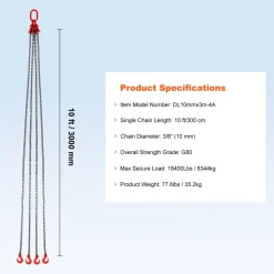 VEVOR Chain Sling, 3/8 inch x 10 ft Lifting Chains with Hooks, G80 Engine Chain Hoist Lifts, 18400 lbs/8 Ton Lifting Sling Chains for Engine Hoist, Engine Lift Chain with 4 Leg Grab Hooks & Adjusters