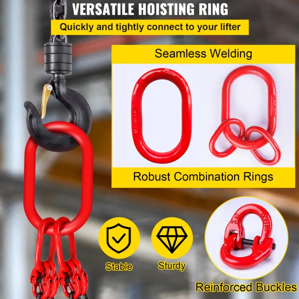 VEVOR Chain Sling, 5/16 inch x 10 ft Lifting Chains with Hooks, G80 Engine Chain Hoist Lifts, 11000 lbs/5 Ton Capacity Lifting Sling Chains for Engine Hoist, Engine Lift Chain with 4 Leg Grab Hooks