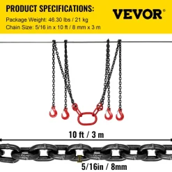 VEVOR Chain Sling, 5/16 inch x 10 ft Lifting Chains with Hooks, G80 Engine Chain Hoist Lifts, 11000 lbs/5 Ton Capacity Lifting Sling Chains for Engine Hoist, Engine Lift Chain with 4 Leg Grab Hooks