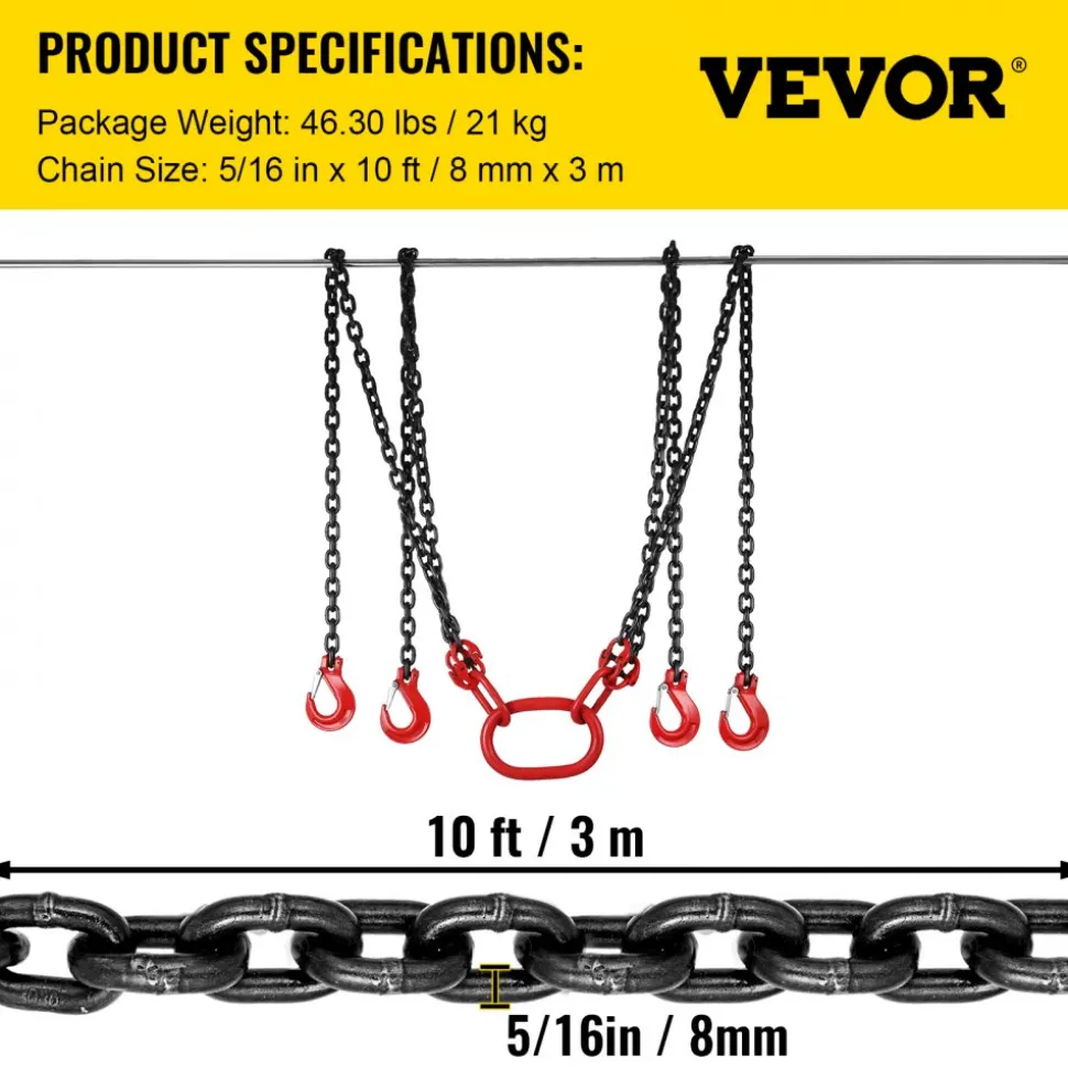 VEVOR Chain Sling, 5/16 inch x 10 ft Lifting Chains with Hooks, G80 Engine Chain Hoist Lifts, 11000 lbs/5 Ton Capacity Lifting Sling Chains for Engine Hoist, Engine Lift Chain with 4 Leg Grab Hooks