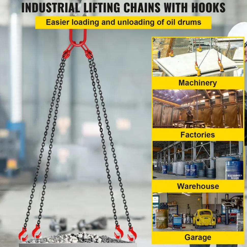 VEVOR Chain Sling, 5/16 inch x 10 ft Lifting Chains with Hooks, G80 Engine Chain Hoist Lifts, 11000 lbs/5 Ton Capacity Lifting Sling Chains for Engine Hoist, Engine Lift Chain with 4 Leg Grab Hooks