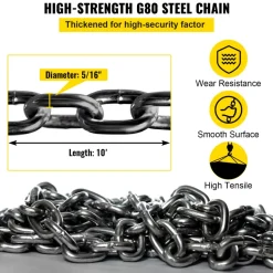 VEVOR Chain Sling, 5/16 inch x 10 ft Lifting Chains with Hooks, G80 Engine Chain Hoist Lifts, 11000 lbs/5 Ton Capacity Lifting Sling Chains for Engine Hoist, Engine Lift Chain with 4 Leg Grab Hooks