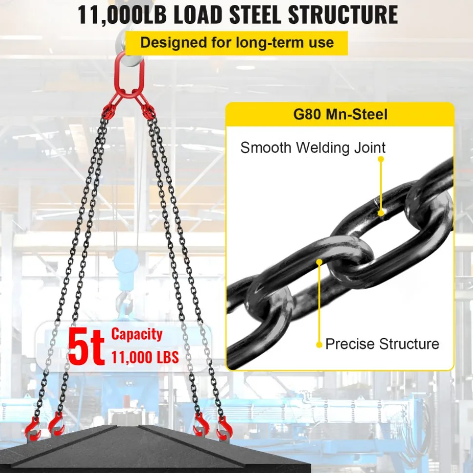 VEVOR Chain Sling, 5/16 inch x 10 ft Lifting Chains with Hooks, G80 Engine Chain Hoist Lifts, 11000 lbs/5 Ton Capacity Lifting Sling Chains for Engine Hoist, Engine Lift Chain with 4 Leg Grab Hooks