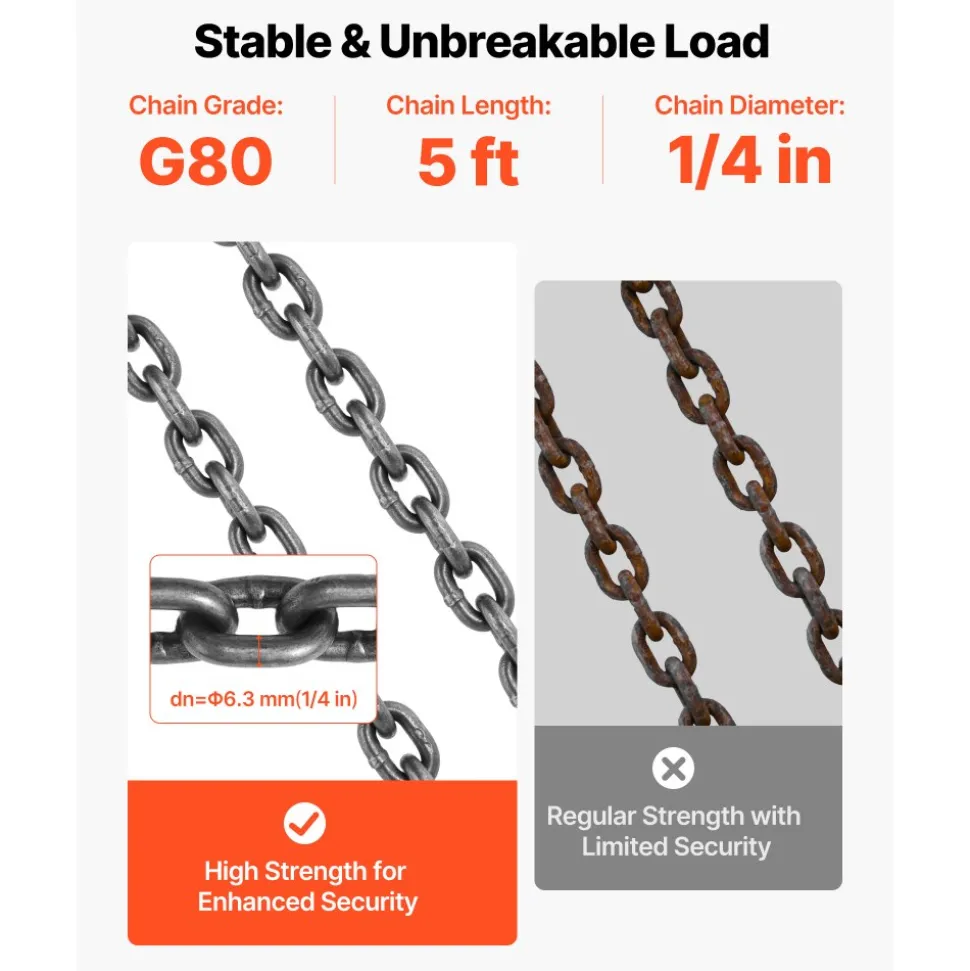 VEVOR Chain Sling, 1/4 in x 5 ft Lifting Chains with 4 Leg Grab Hooks, Heavy Duty G80 Alloy Steel Lifting Sling, 6600LBS Capacity, Adjustable Engine Chain Hoist Lifts for Cargo Security Towing