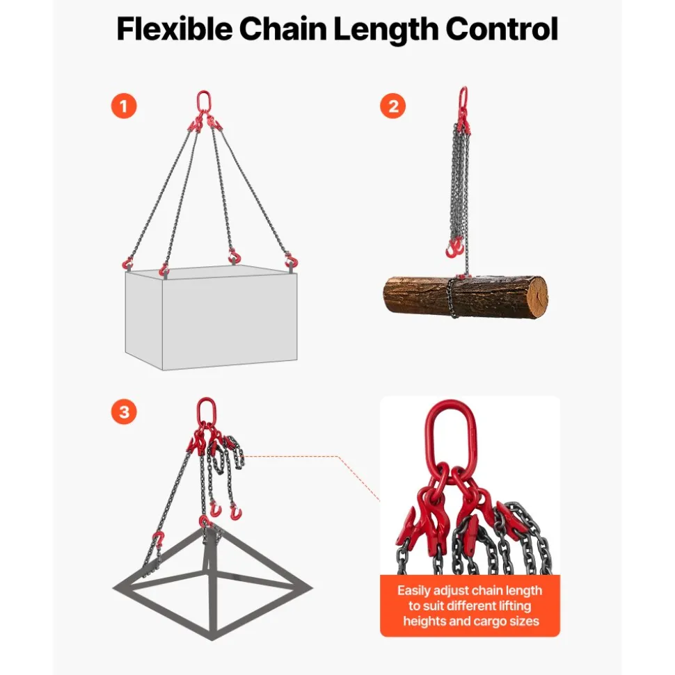 VEVOR Chain Sling, 3/8 in x 10 ft Lifting Chains with 4 Leg Grab Hooks, Heavy Duty G80 Alloy Steel Lifting Sling, 22900LBS Capacity, Adjustable Engine Chain Hoist Lifts for Cargo Security Towing