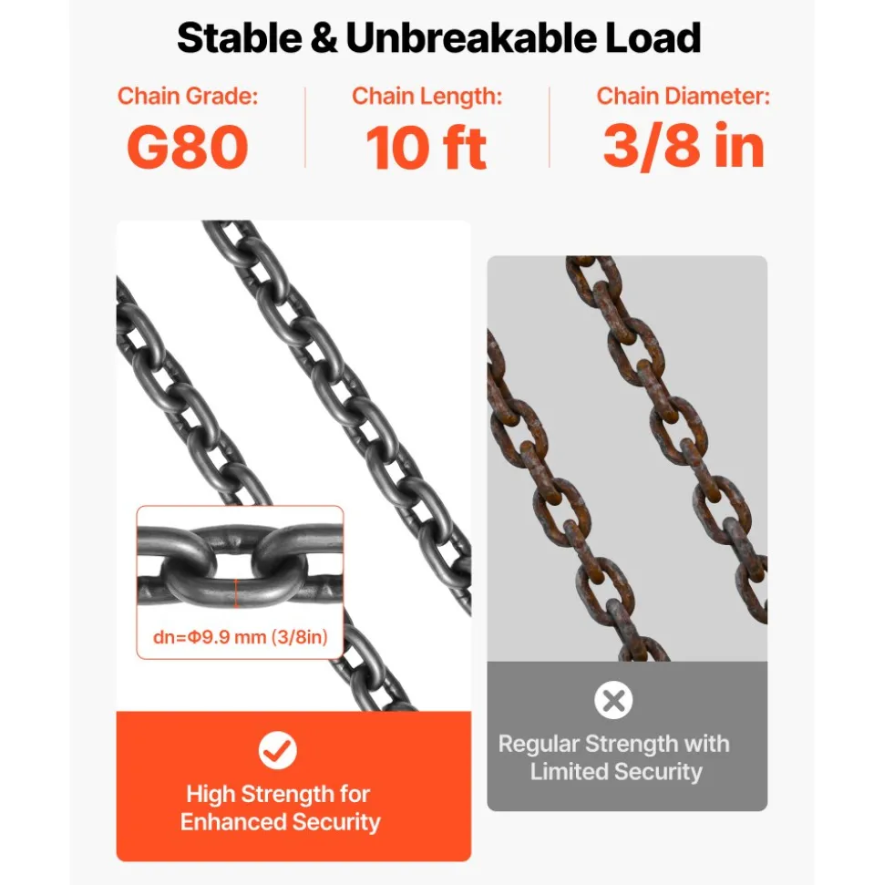 VEVOR Chain Sling, 3/8 in x 10 ft Lifting Chains with 4 Leg Grab Hooks, Heavy Duty G80 Alloy Steel Lifting Sling, 22900LBS Capacity, Adjustable Engine Chain Hoist Lifts for Cargo Security Towing
