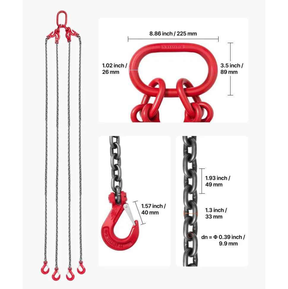VEVOR Chain Sling, 3/8 in x 10 ft Lifting Chains with 4 Leg Grab Hooks, Heavy Duty G80 Alloy Steel Lifting Sling, 22900LBS Capacity, Adjustable Engine Chain Hoist Lifts for Cargo Security Towing
