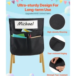 VEVOR Chair Pockets for Classroom, 24 Pack, 14 x 15 Inches Chairback Buddy Pocket with Name Tag, Back of Chair Organizer for Kids in Classroom, Kindergarten, School, and Home, Black