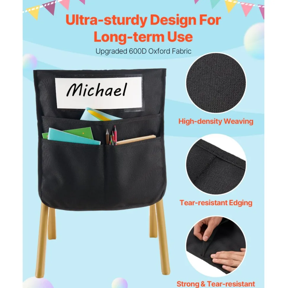 VEVOR Chair Pockets for Classroom, 24 Pack, 14 x 15 Inches Chairback Buddy Pocket with Name Tag, Back of Chair Organizer for Kids in Classroom, Kindergarten, School, and Home, Black
