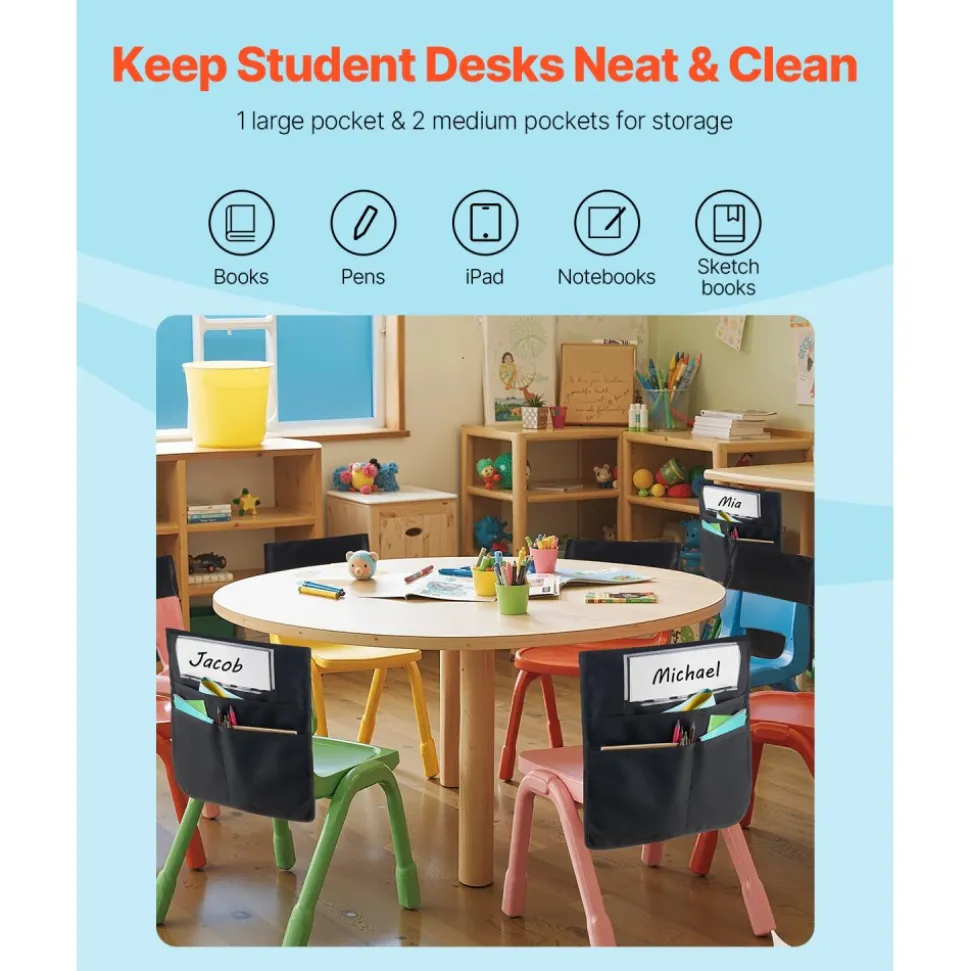 VEVOR Chair Pockets for Classroom, 24 Pack, 14 x 15 Inches Chairback Buddy Pocket with Name Tag, Back of Chair Organizer for Kids in Classroom, Kindergarten, School, and Home, Black