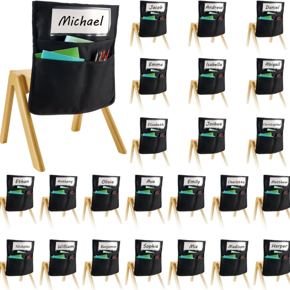 VEVOR Chair Pockets for Classroom, 24 Pack, 14 x 15 Inches Chairback Buddy Pocket with Name Tag, Back of Chair Organizer for Kids in Classroom, Kindergarten, School, and Home, Black