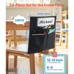 VEVOR Chair Pockets for Classroom, 24 Pack, 14 x 15 Inches Chairback Buddy Pocket with Name Tag, Back of Chair Organizer for Kids in Classroom, Kindergarten, School, and Home, Black