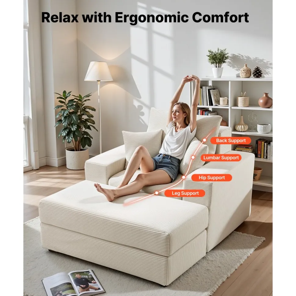 VEVOR Chaise Lounge Chair, 44 in Boneless Modular Chaise Lounge Indoor, Oversized Corduroy Reading Chair with Throw Pillows & Armrests, Deep Seat Sofa Couch Sleeper for Living Room, Bedroom, Beige