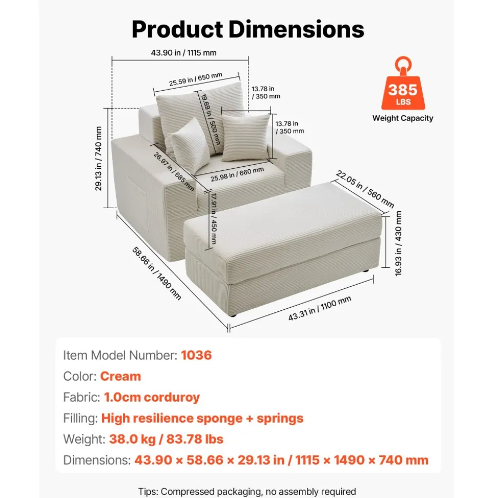 VEVOR Chaise Lounge Chair, 44 in Boneless Modular Chaise Lounge Indoor, Oversized Corduroy Reading Chair with Throw Pillows & Armrests, Deep Seat Sofa Couch Sleeper for Living Room, Bedroom, Beige